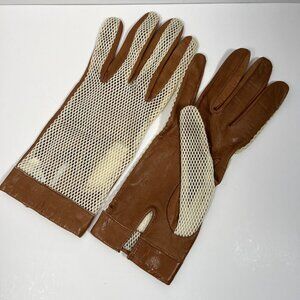 VTG 1950's Kayser Brown / Dark Camel Italian Leather & Cream Mesh Driving Gloves